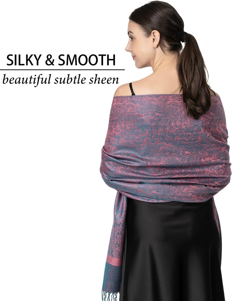 Achillea Women's Two Tone Vintage Jacquard Paisley Pashmina Shawl Wrap Scarf (Pink Teal) - Image 3